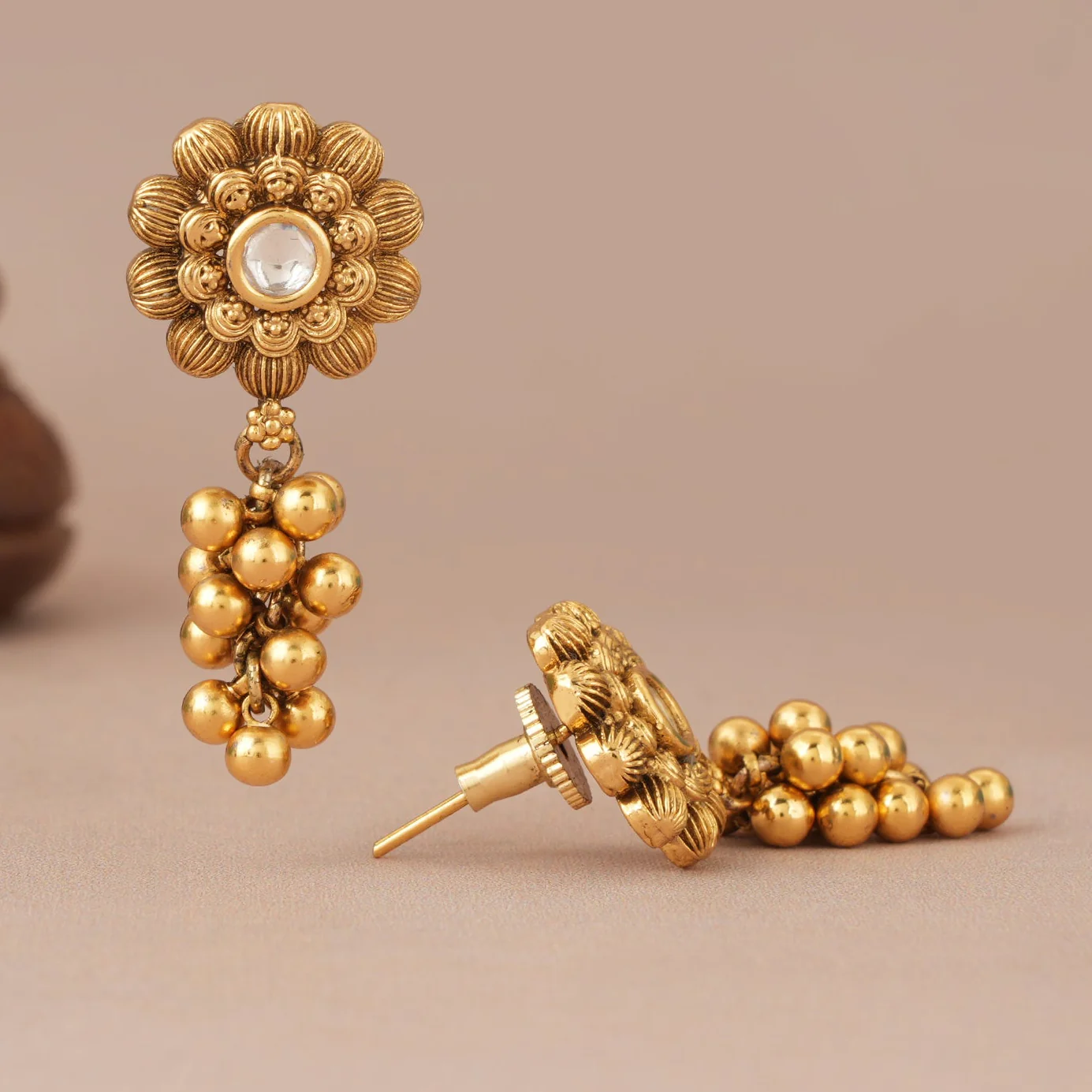 Antique gold balls drop floral kundan earring - Image 3
