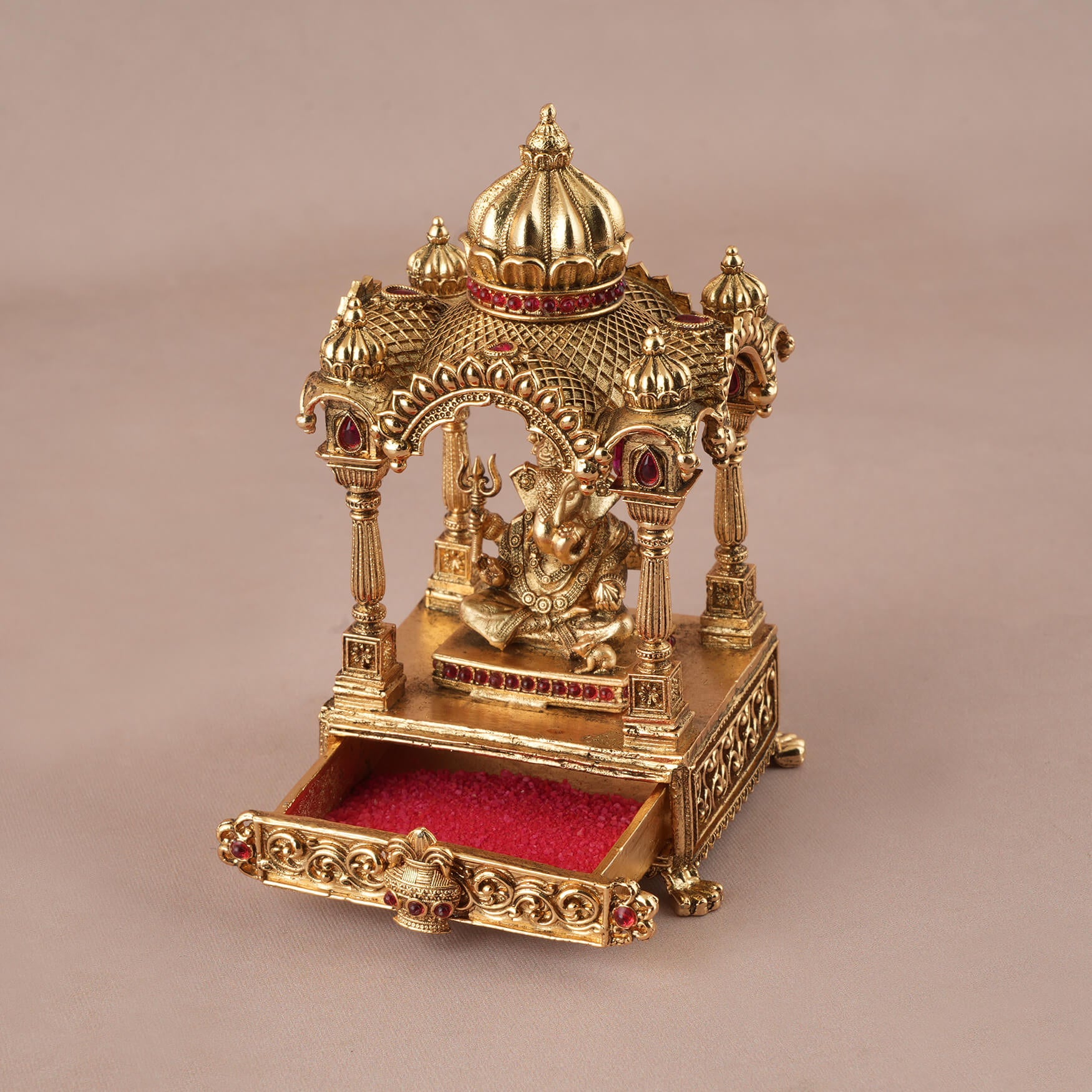 Antique gold plated Lord Ganesha stone sindoor box - Image 3