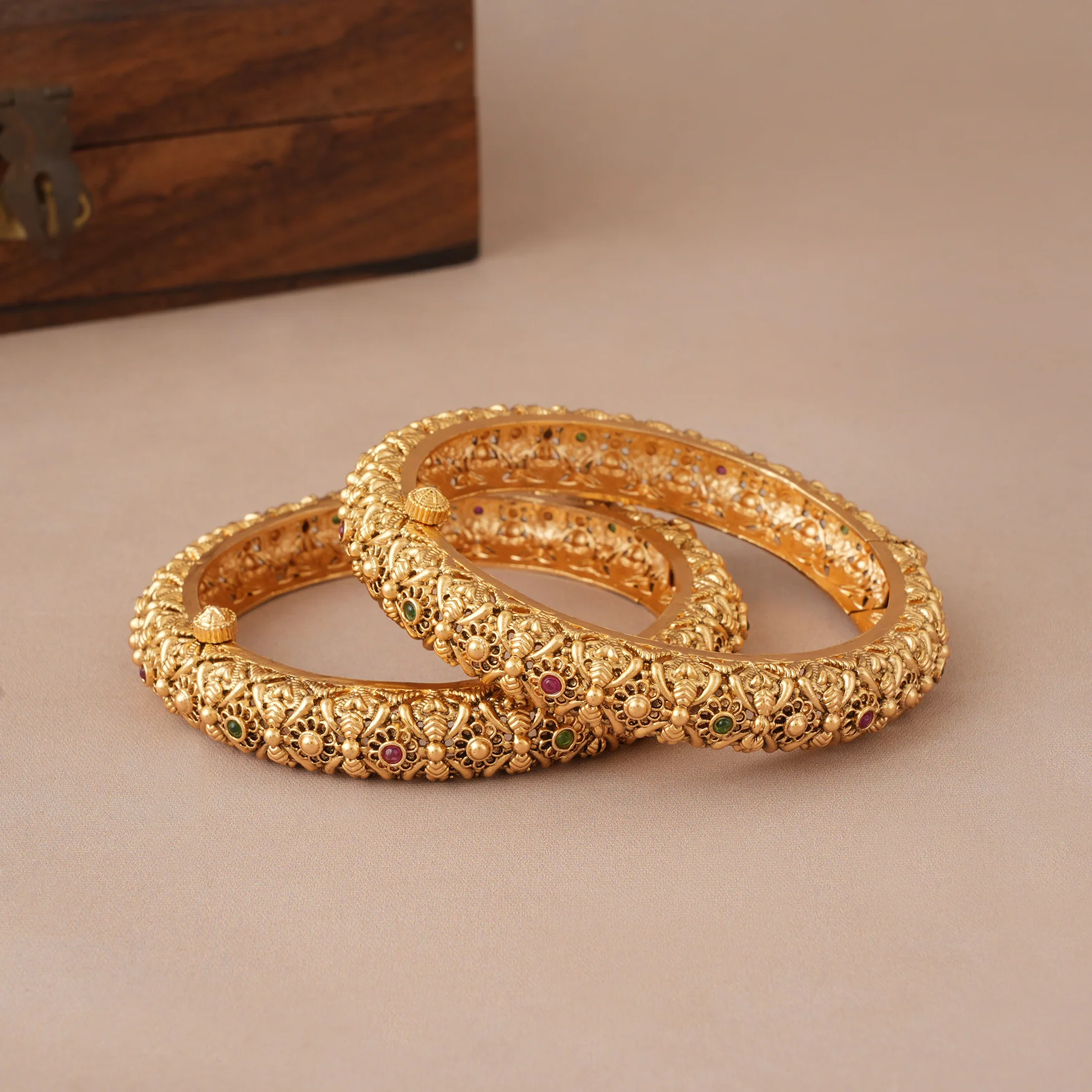 Beautiful multicolor antique gold openable bangle set - Image 3