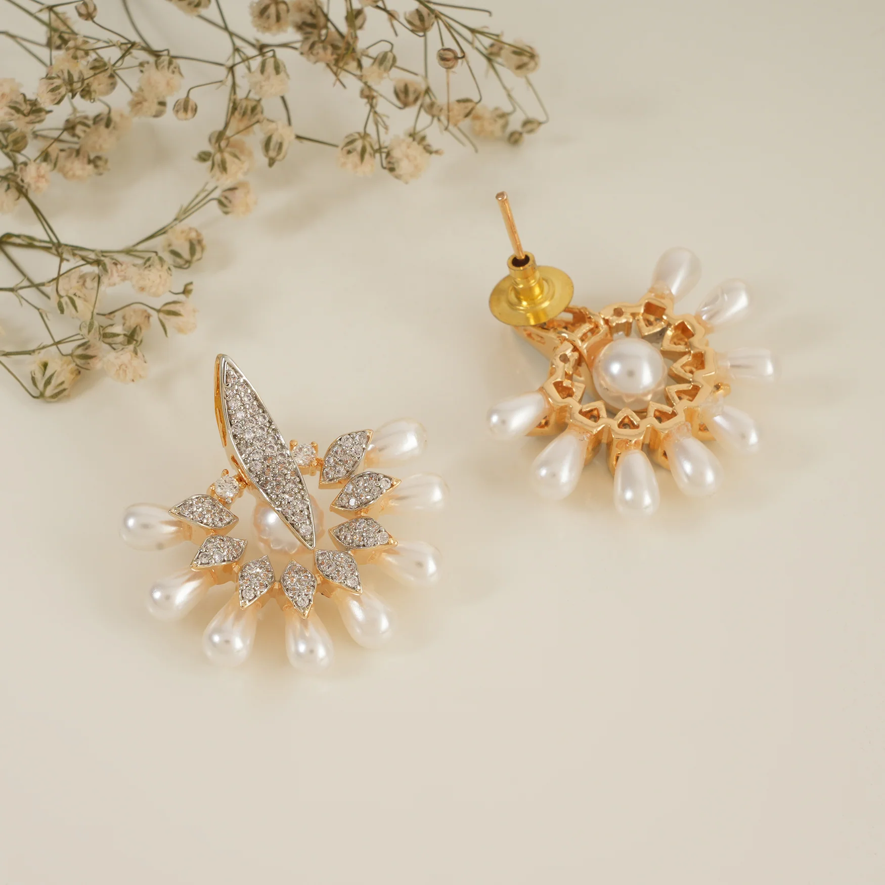 Beautiful pearl drop gold plated cz diamond stud earring - Image 3