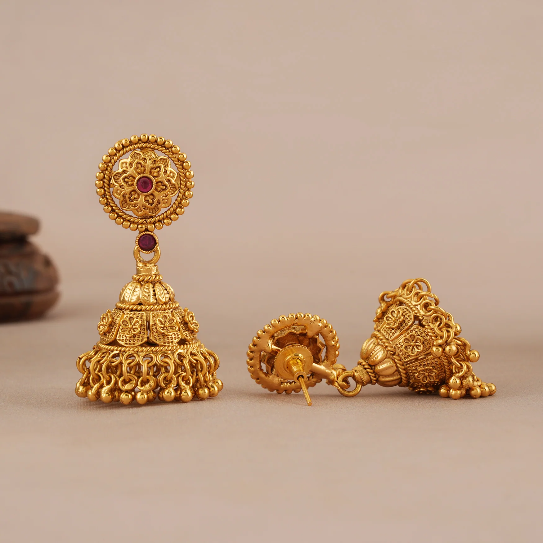 Beautiful plain antique gold long floral necklace set - Image 5