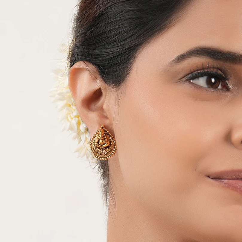 Cute antique gold Lord Ganesha stud earring I Temple jewellery - Image 2