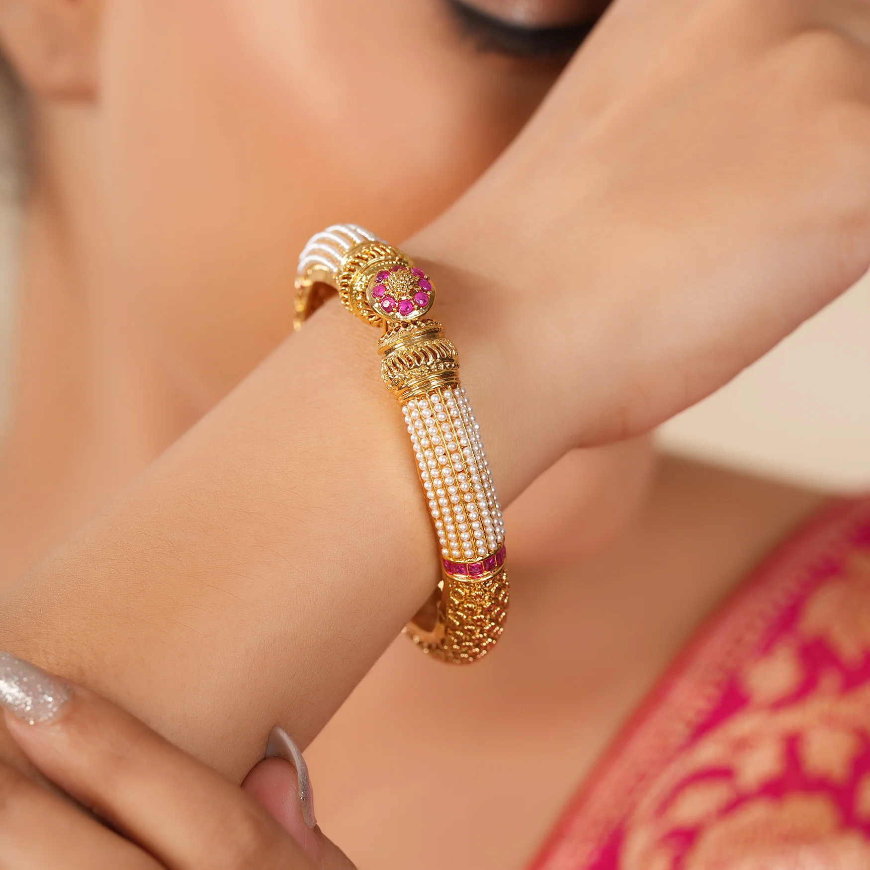Gorgeous gold plated pearl openable kada - Image 2