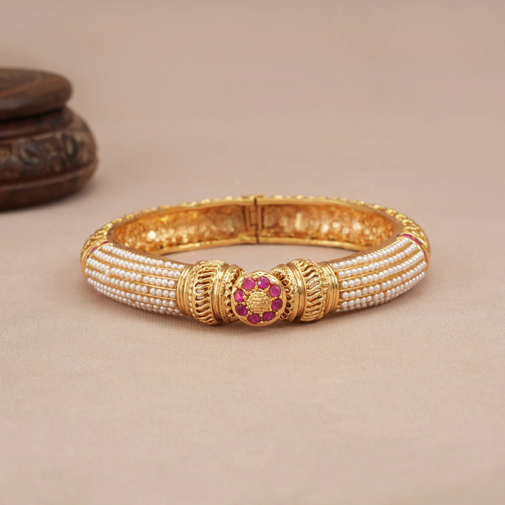 Gorgeous gold plated pearl openable kada - Image 3