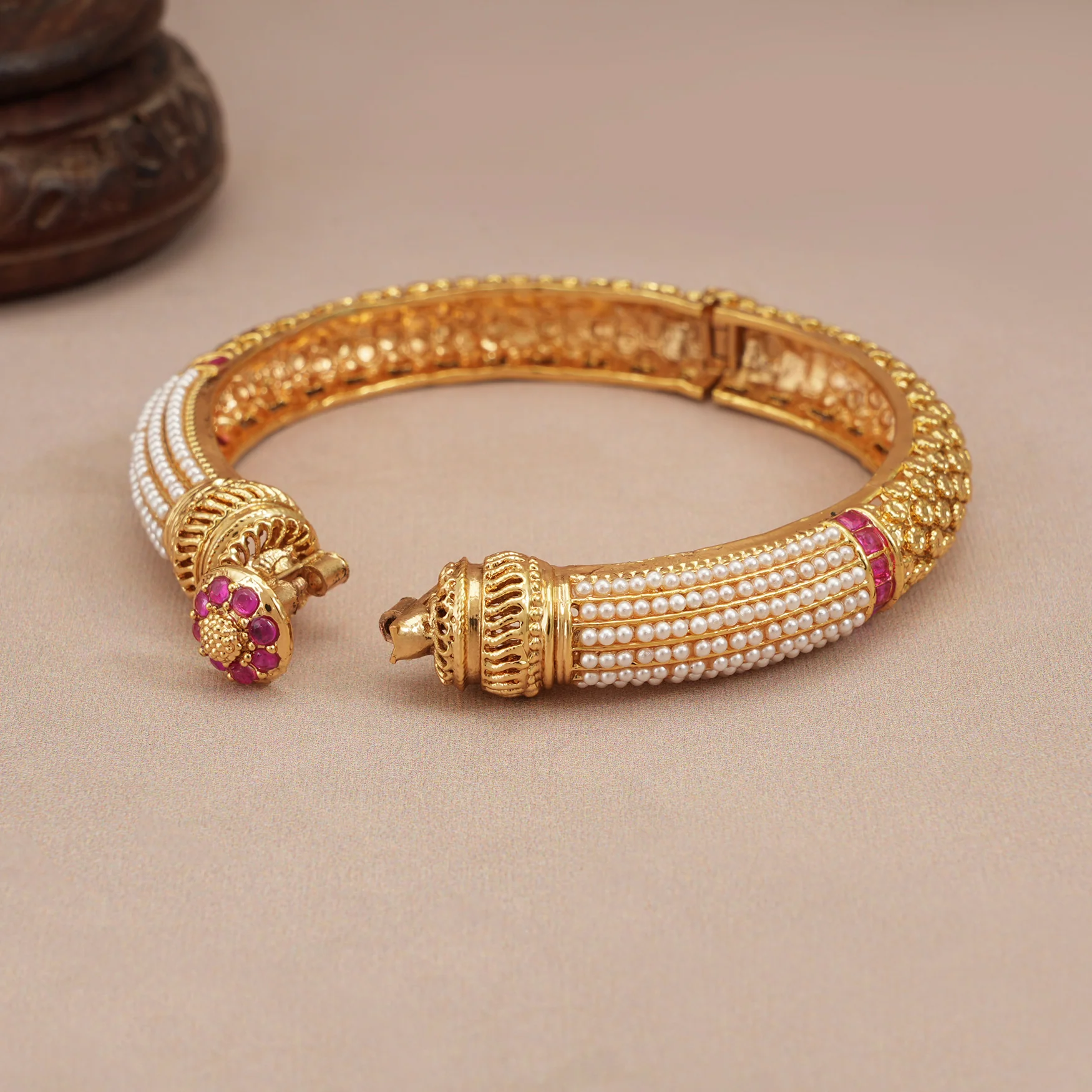 Gorgeous gold plated pearl openable kada - Image 4