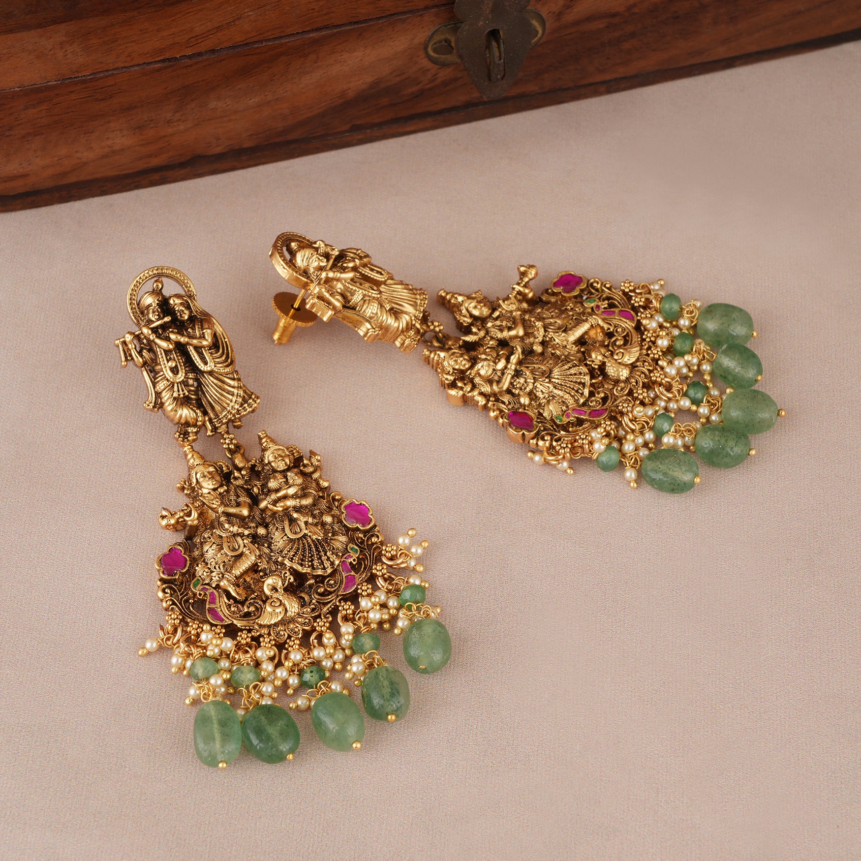 Long antique gold radha krishna necklace set - Image 5