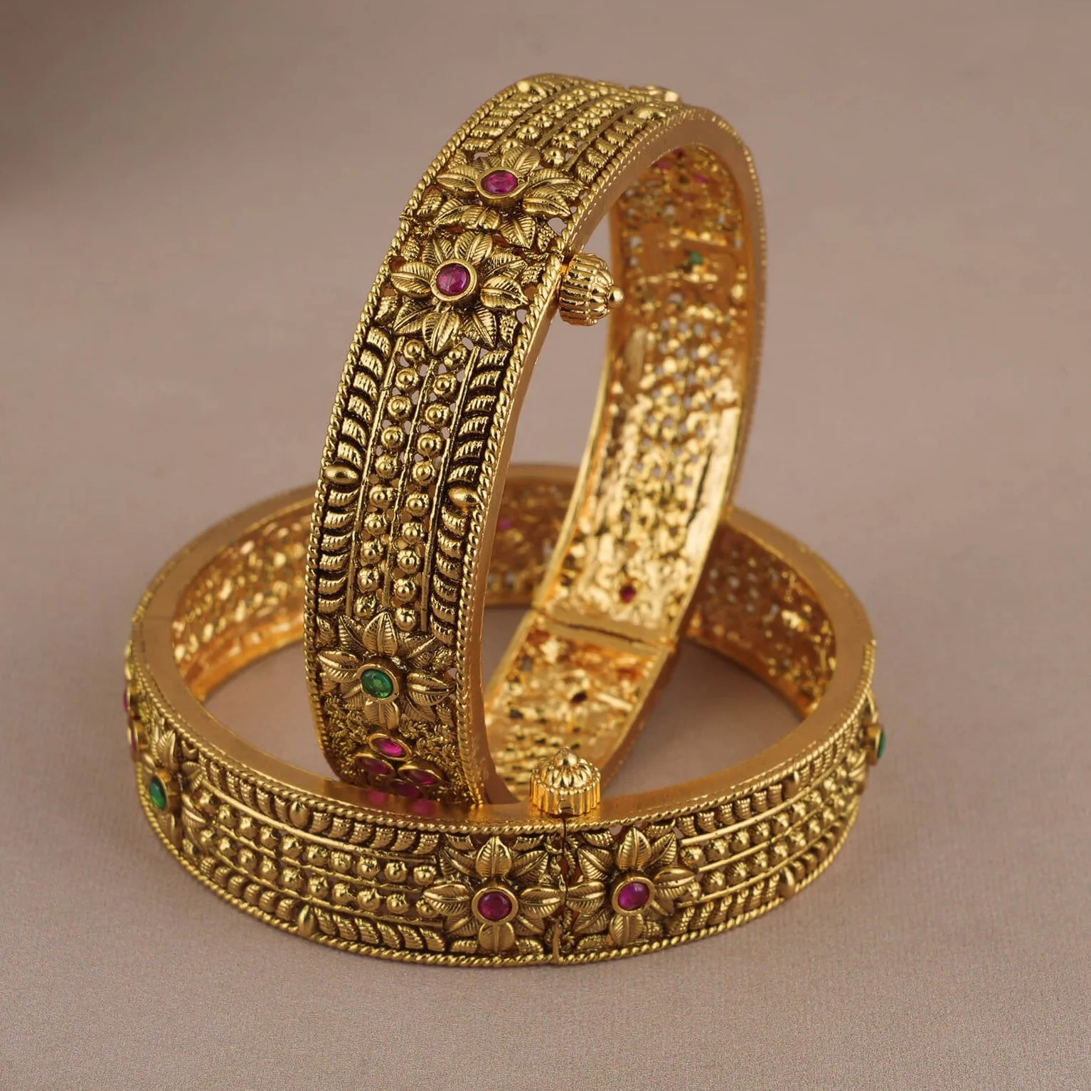 Royal antique gold multicolor stone openable bangle set - Image 4
