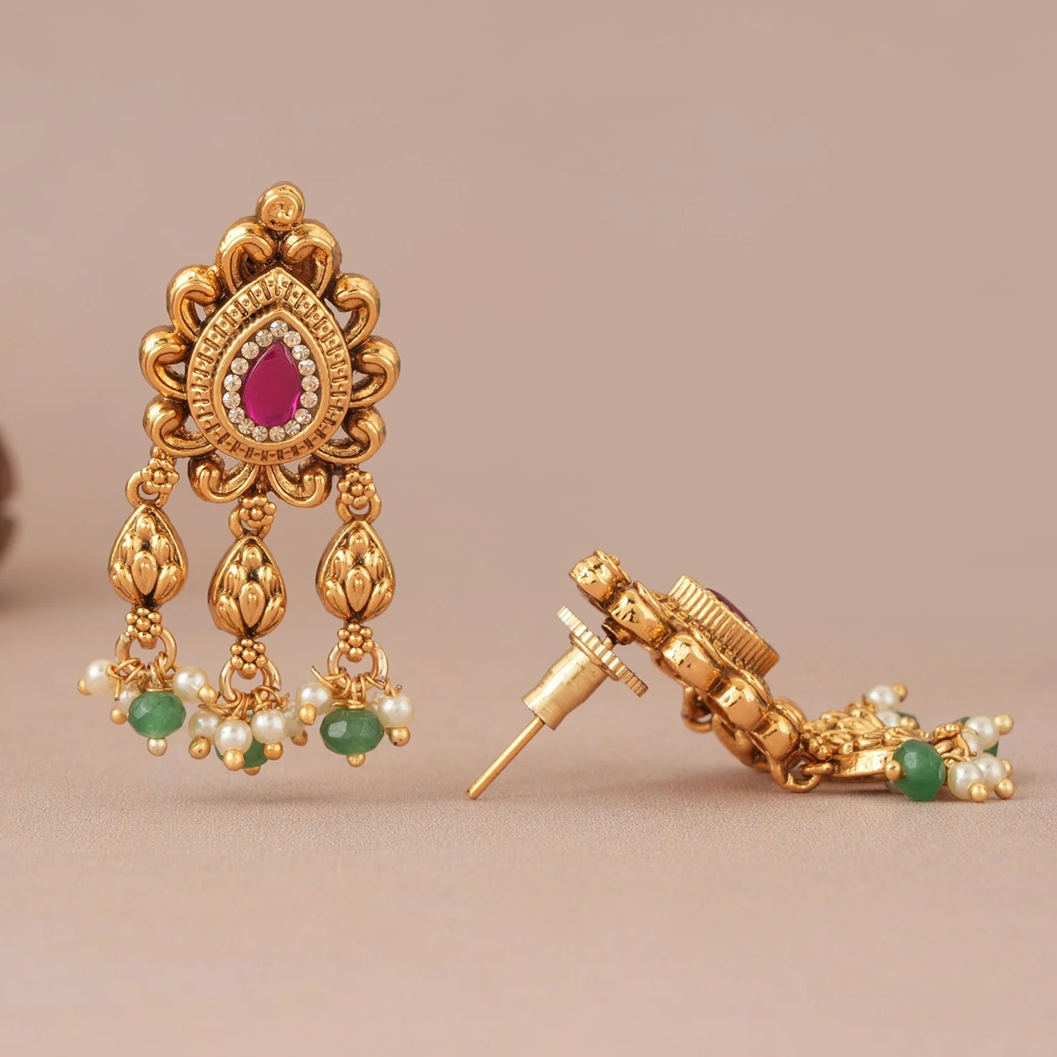 Stone drop antique gold kundan earring - Image 3