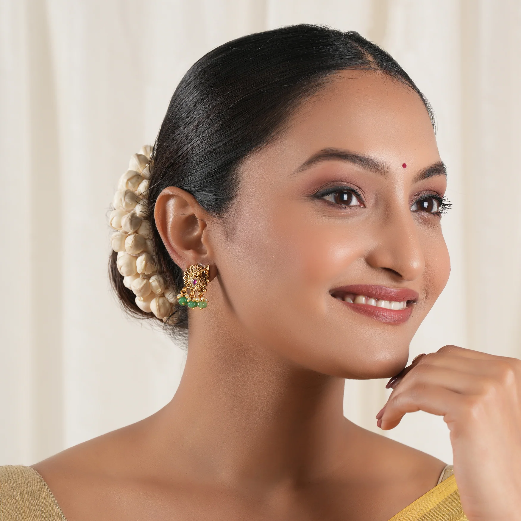 Stone drop antique gold peacock earring - Image 2