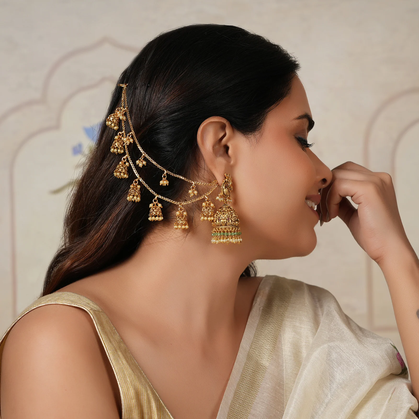 Stunning antique gold jhumka ear chain with pearl - Image 3