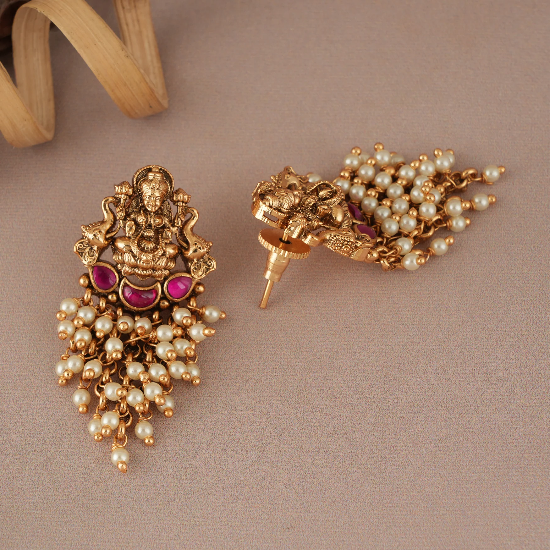 Stunning maa lakshmi pearl drop antique gold earring I Temple Jewellery - Image 3
