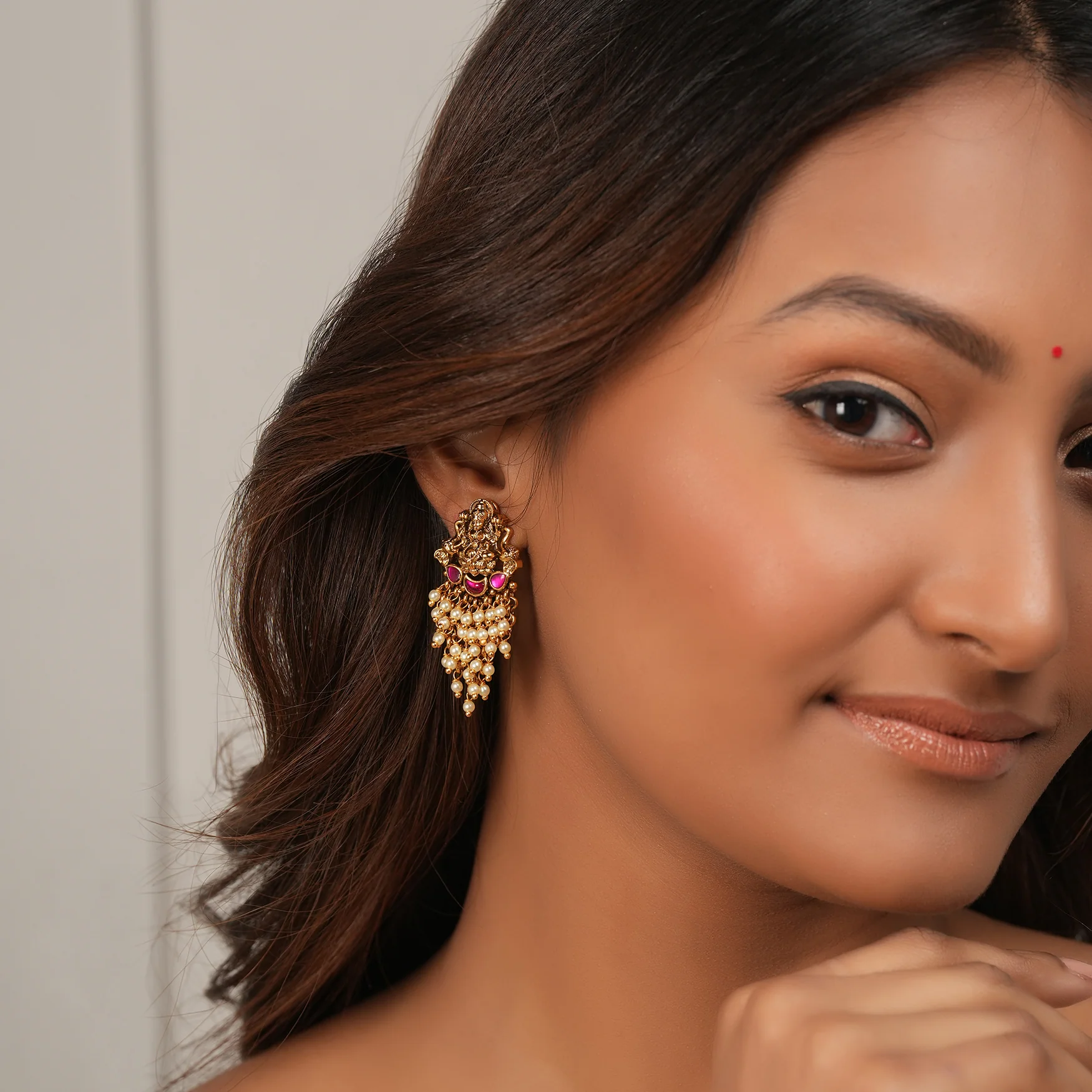 Stunning maa lakshmi pearl drop antique gold earring I Temple Jewellery - Image 4