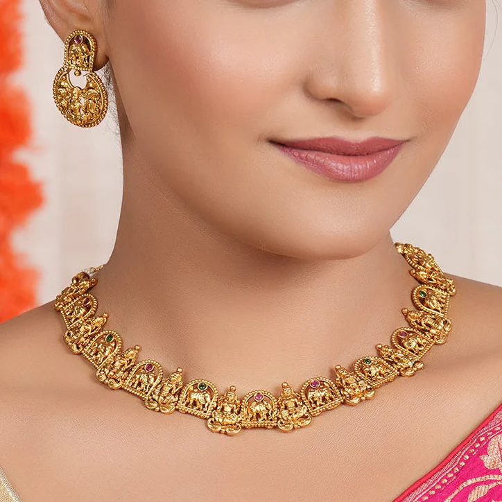Stunning multicolor plain antique gold ma lakshmi necklace set I Temple Jewelry - Image 2