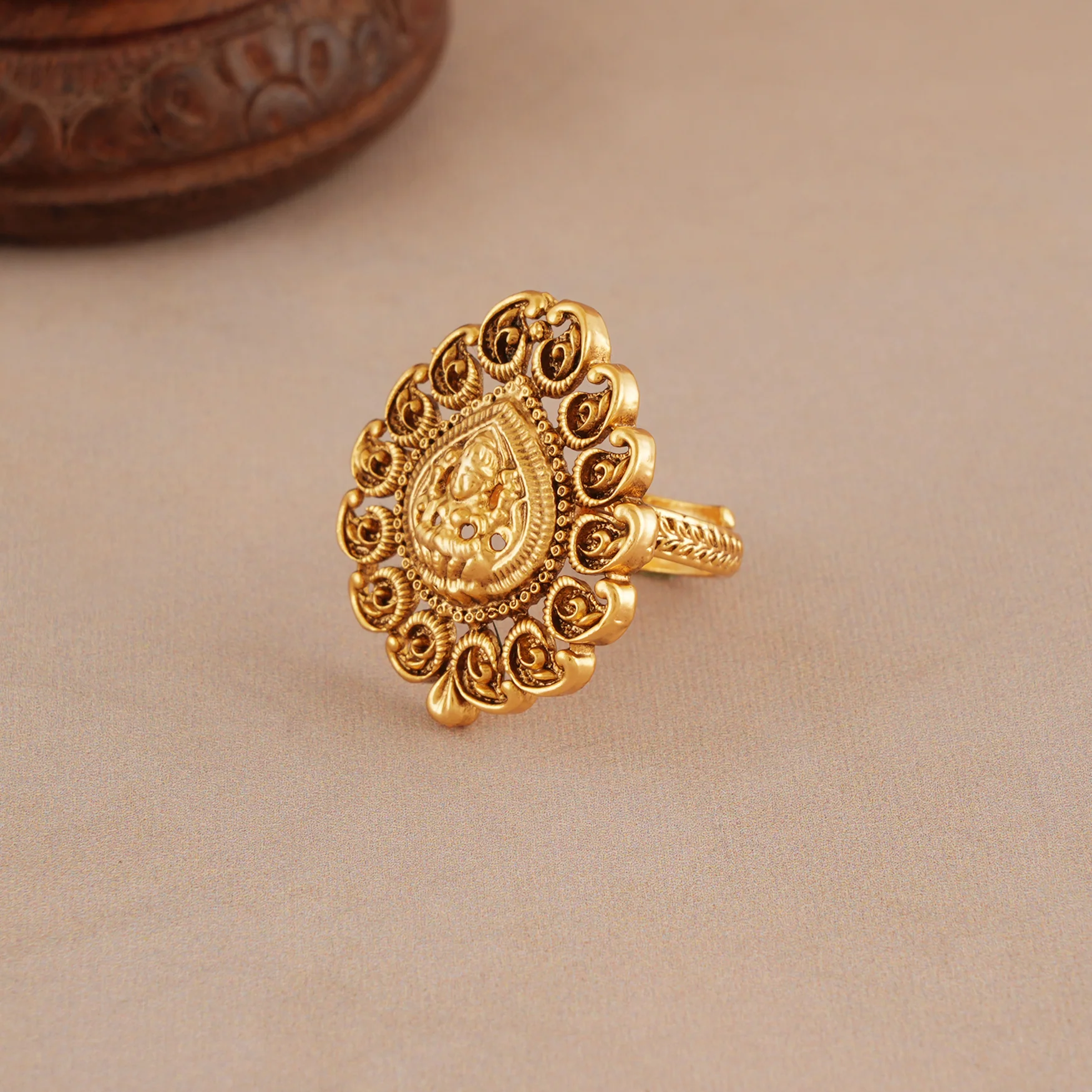 Stunning plain antique gold maa lakshmi adjustable finger ring I Temple Jewellery - Image 3